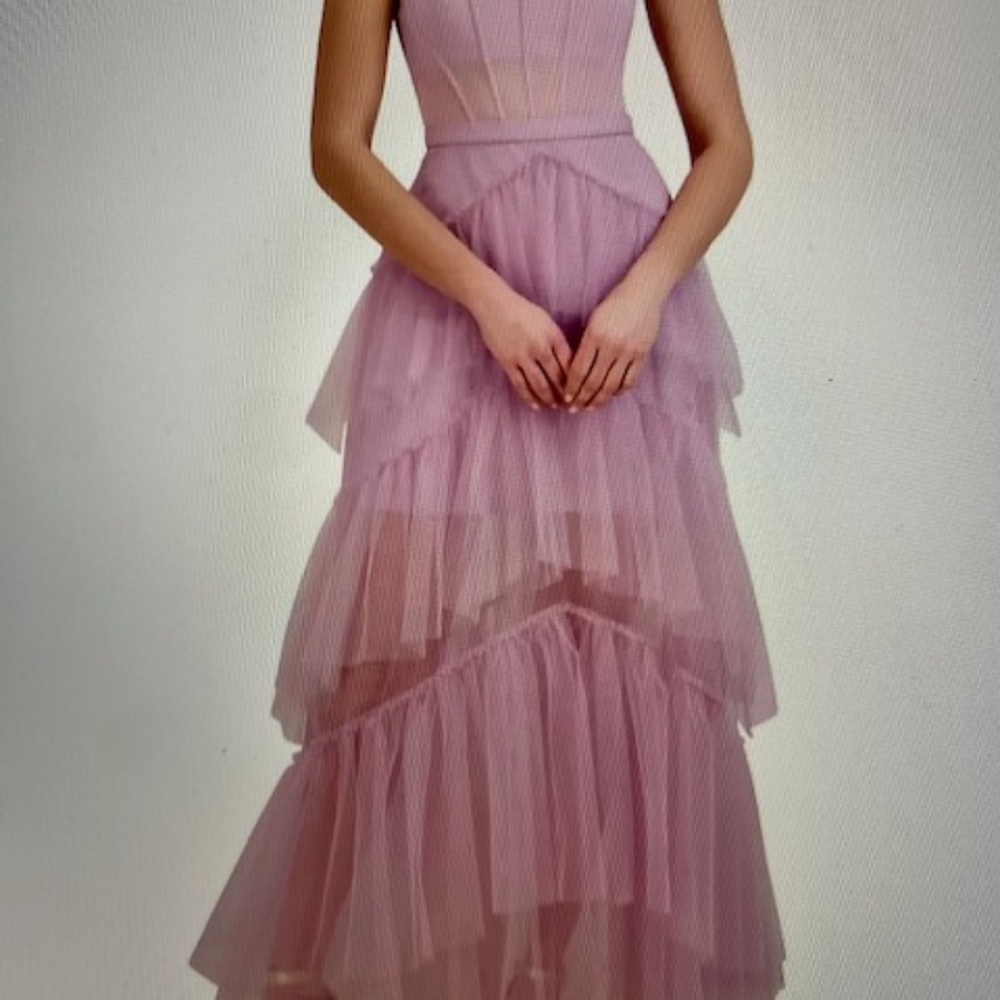 BCBGMAXAZRIA Sheer Tiered Ruffle Gown/Orchid